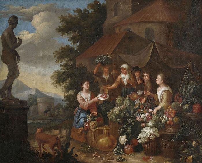 Circle of Pierre Gobert Verkauf von Gemuse und Blumen an einem italienischen Marktstand Sweden oil painting art